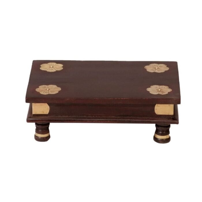 Brown Solid Wood Pooja Chowki Stool - Image 1